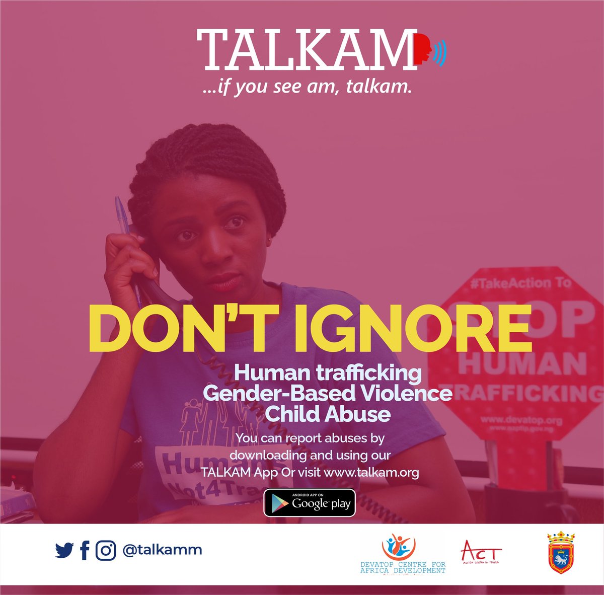 talkamm's tweet photo. DON'T IGNORE
Human Trafficking and Gender-based Violence
Report human trafficking on TALKAM App (https://t.co/T4eVrU1yk4)
#Talkam is supported by @pamplona_ayto and @Pamplona_ayto
#Stophumantraffic #OrangeTheWorld #helpvictims #childcare https://t.co/iPDdXKRsUb