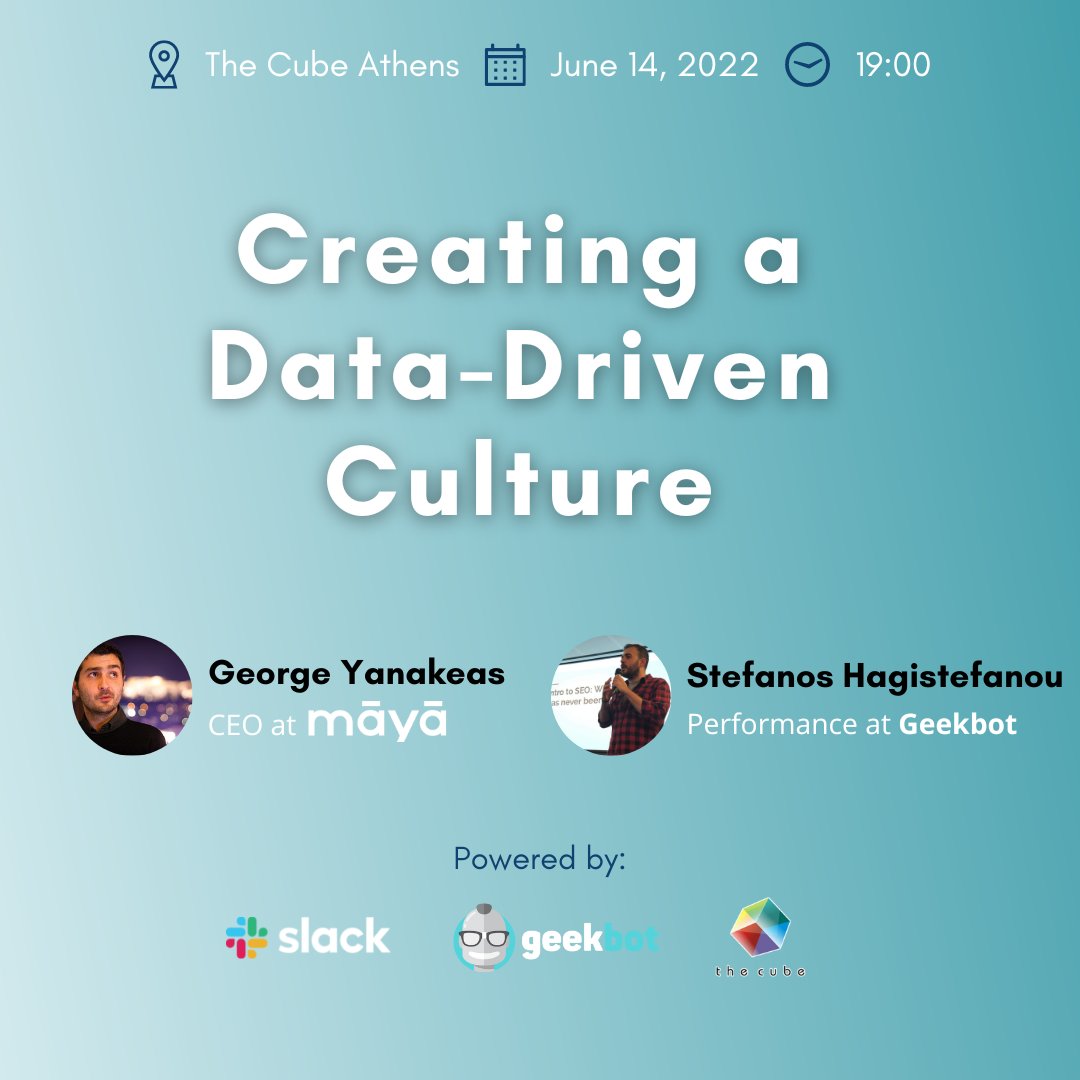 Geekbot (@geekbot_io) on Twitter photo Join us TONIGHT at 19:00 EEST <a href="/CubeAthens/">The Cube Athens</a> for <a href="/slack_community/">Slack Community</a>'s #event on 'Creating a #Data-driven Culture': a short talk on the inner workings of #Geekbot's culture, with insights on how the team built it and how you can do the same.
Full details: bit.ly/3tC9Mgy Join us TONIGHT at 19:00 EEST <a href="/CubeAthens/">The Cube Athens</a> for <a href="/slack_community/">Slack Community</a>'s #event on 'Creating a #Data-driven Culture': a short talk on the inner workings of #Geekbot's culture, with insights on how the team built it and how you can do the same.
Full details: bit.ly/3tC9Mgy