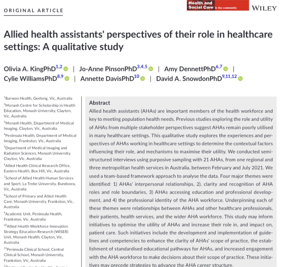 EH_Research's tweet photo. Allied health assistants are a highly valued part of the #alliedhealth team who want to establish their own identity. Health services can better support them by providing better role clarity + professional development opportunities 📚 👇👇👇 https://t.co/uu8sDck9hv https://t.co/5JPqZr0Ncx