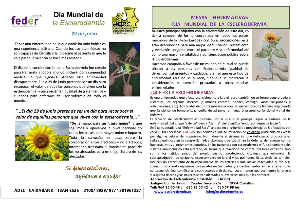 ADEC por el Día Mundial de la Esclerodermia el 9 de junio, realiza varias campañas de información y visibilización a través de las mesas informativas que se realizarán en Castellón, con la finalidad de reconocer el valor de aquellas personas que viven con la enfermedad.