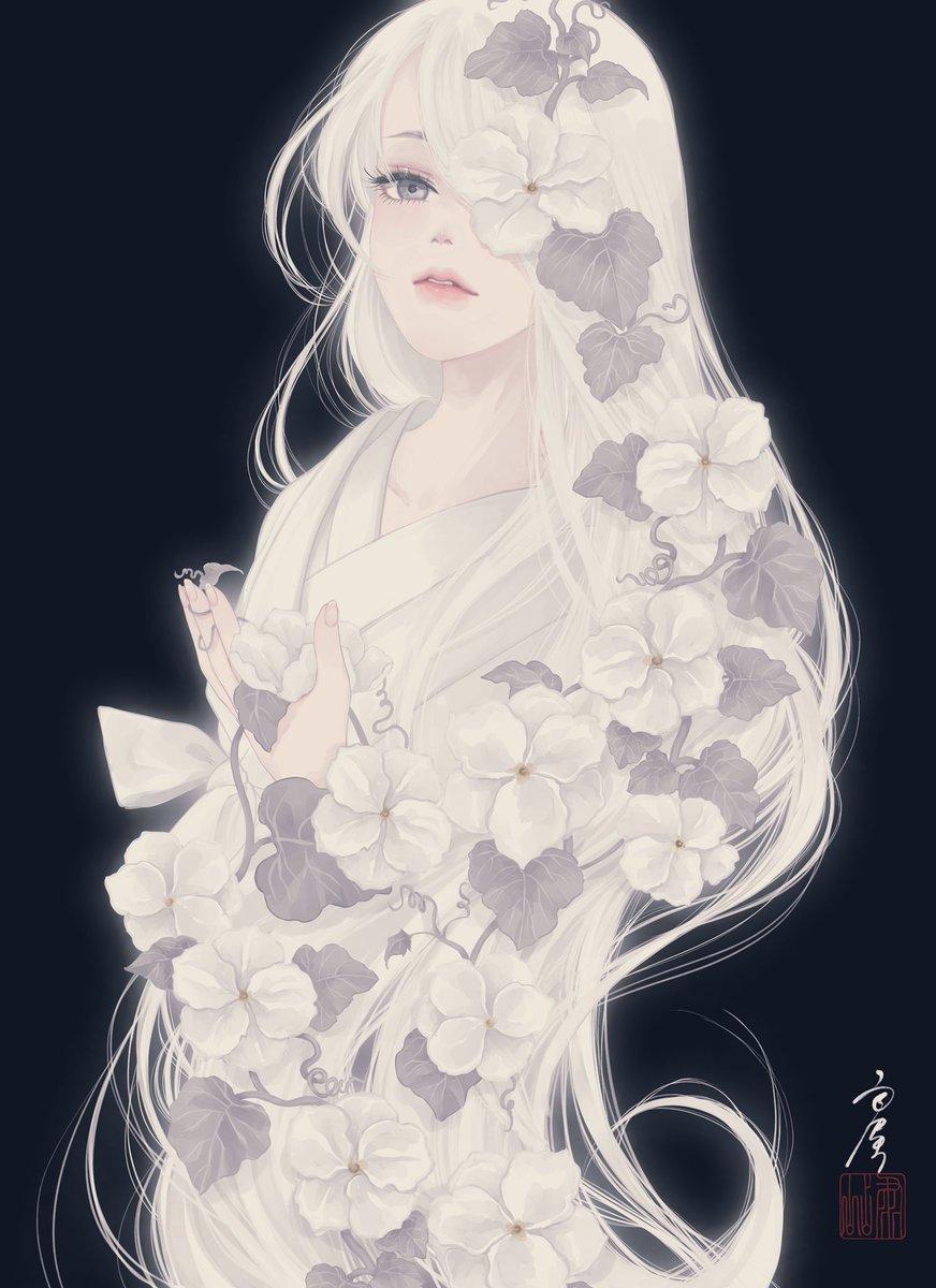 flower solo long hair 1girl kimono japanese clothes white hair  illustration images