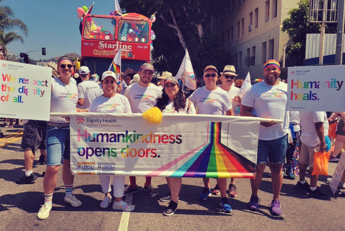 Happy Pride 🌈 from your <a href="/DignityHealth/">Dignity Health</a> California Hospital Leadership Team! Walking in the <a href="/lapride/">LA Pride</a> parade, living out our values of inclusion, compassion, and excellence.