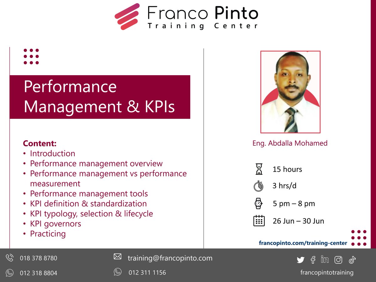 PintoTraining's tweet photo. Franco Pinto Training Center presents:
Performance Management and KPIs
For more information and registration please contact us via:
Tel: 0183788780
Whatsapp: 0123188804
#performance_management #kpis https://t.co/C29lP6vmdM