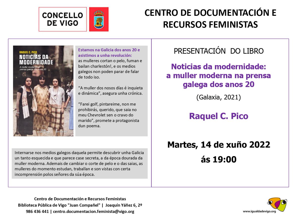 disquecool's tweet image. Esta tarde a nosa @raquelpico presenta no Centro de Documentación e Recursos Feministas «Noticias da modernidade».

Está na Biblioteca Pública Juan Compañel e será ás 19 horas!