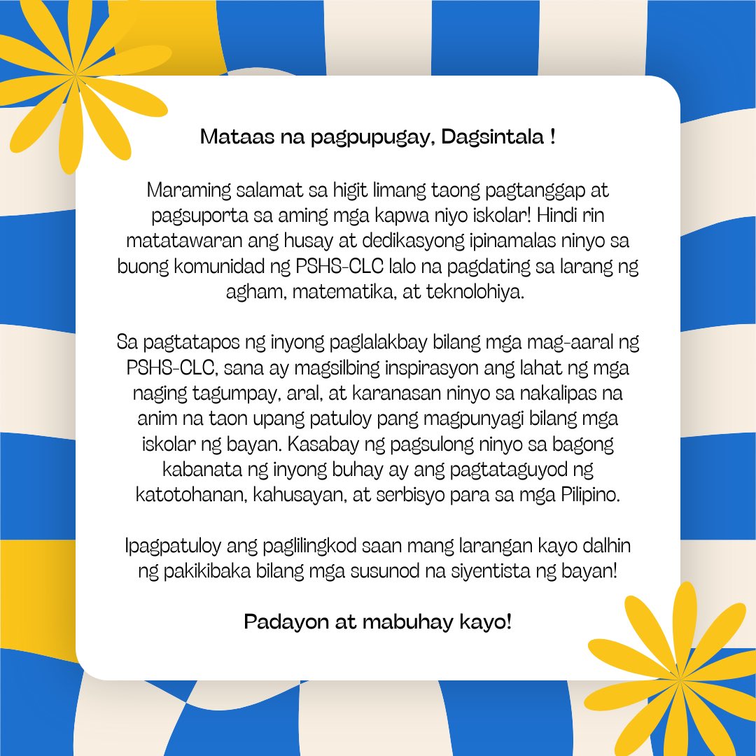 SIBOL_Org's tweet photo. Sa aming minamahal na Dagsintala na nagpakinang at nagpasiklab sa larang ng siyensiya, maligayang pagtatapos! 🎓✨ 

Hindi dito nagtatapos ang inyong paglalakbay bilang mga susunod na siyentista at propesyonal sa agham, at nandito kami para suportahan kayong lahat! 🫂💐 https://t.co/Sl1i3Y5Bie