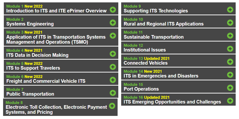 ITS_USDOT's tweet photo. Start your summer off right by checking out the new #ITSPCB ePrimer Modules. #ITS #training 
https://t.co/fBOkrDGhOE

•Module 1: Introduction to ITS and ITE ePrimer Overview
•Module 5: ITS to Support Travelers
•Module 6: Freight &amp; Commercial Vehicle ITS https://t.co/Fq5wM6U4gd