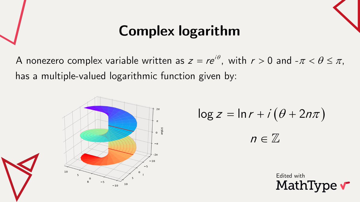 MathType's tweet image. The complex logarithm is the analogue of the logarithm of a positive real number, but for nonzero complex numbers. Similarly, the expression log(0) is left undefined since there is no complex number x such that its exponential gives zero. #MathType