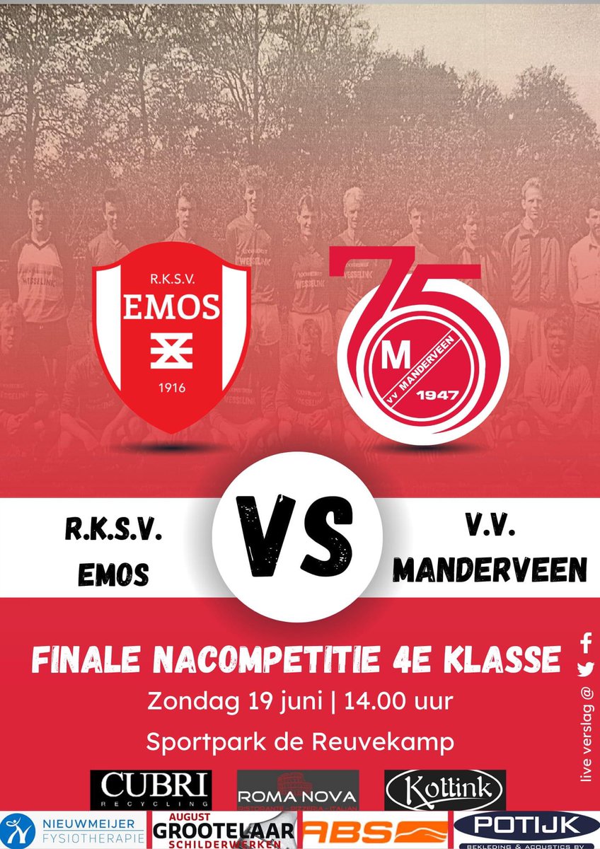 Komende zondag speelt VV Manderveen in de finale van de nacompetitie tegen <a href="/Emos_Enschede/">rksv EMOS</a>. Manderveen kan voor het eerst sinds ‘90/‘91 promoveren naar een hogere klasse. 

De wedstrijd vindt plaats op Sportpark de Reuvekamp in Fleringen. Aftrap 14:00