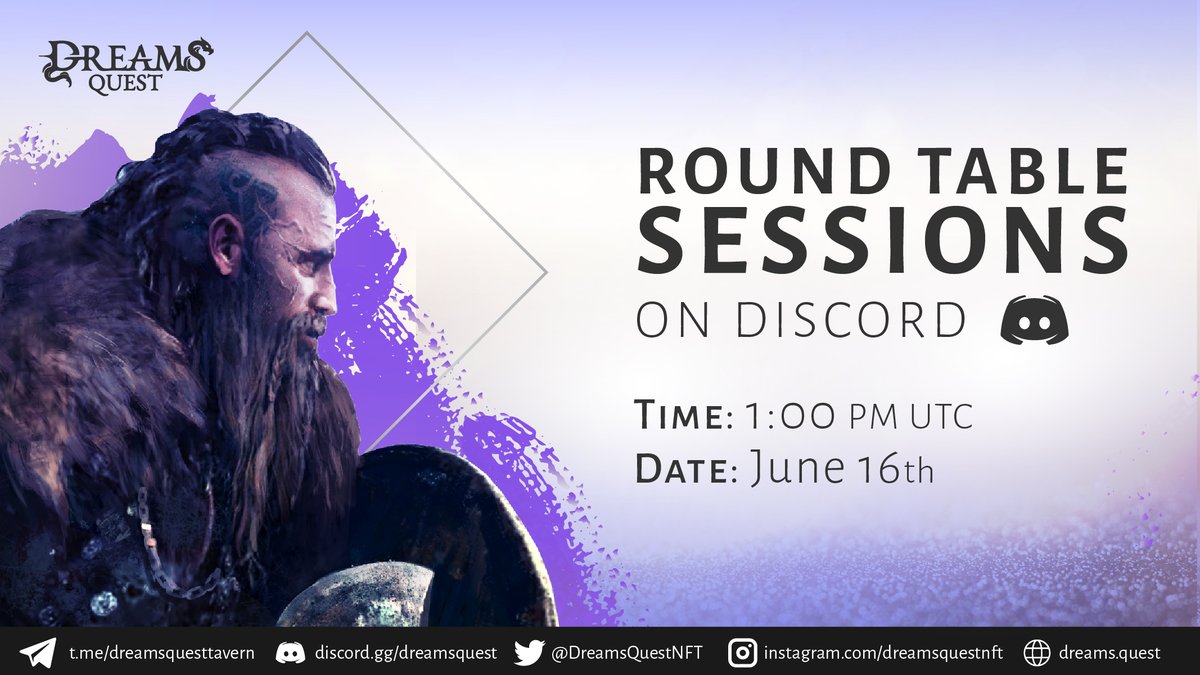 DreamsQuestNFT's tweet photo. 🕹️ Discord Round Table Session- Thursday, June 16 1PM UTC

🔮 Tune in to hear about Level-Up, game basics of Dreams Quest Origins, and what’s next in the DreamsVerse...

It's all happening here:
https://t.co/Dfuhyu1QbF

#Gaming #GameFi #NFTGame #Metaverse #NFTs https://t.co/bdCV4rrskg