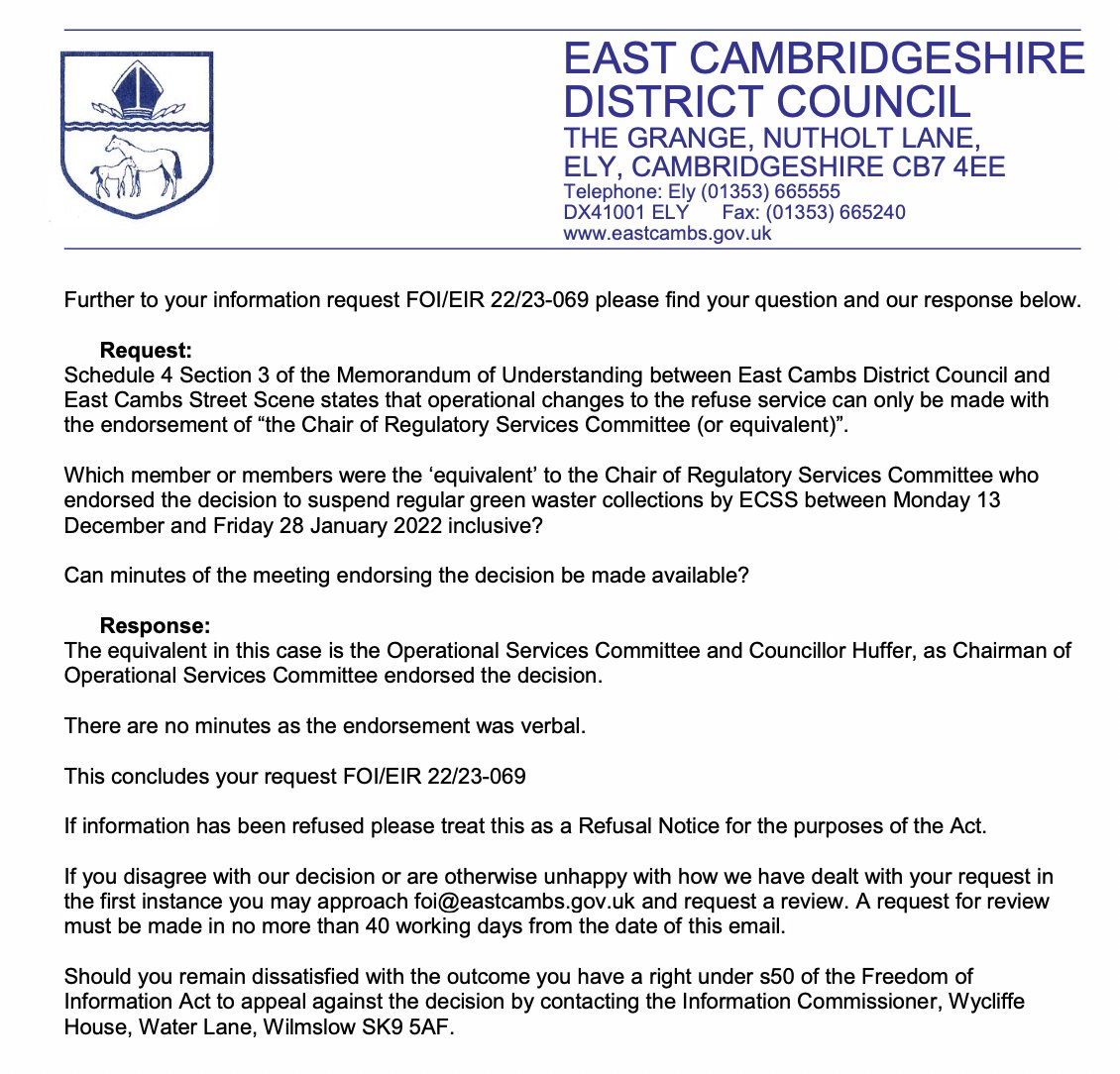 Remember the suspension of the green bin refuse collections in <a href="/EastCambs/">East Cambridgeshire</a> in Dec 2021 &amp; Jan 2022? 
Questions at the last two full council meetings as to which councillor officially endorsed the suspension were not fully answered. Today thanks to an FoI request we have the answer.