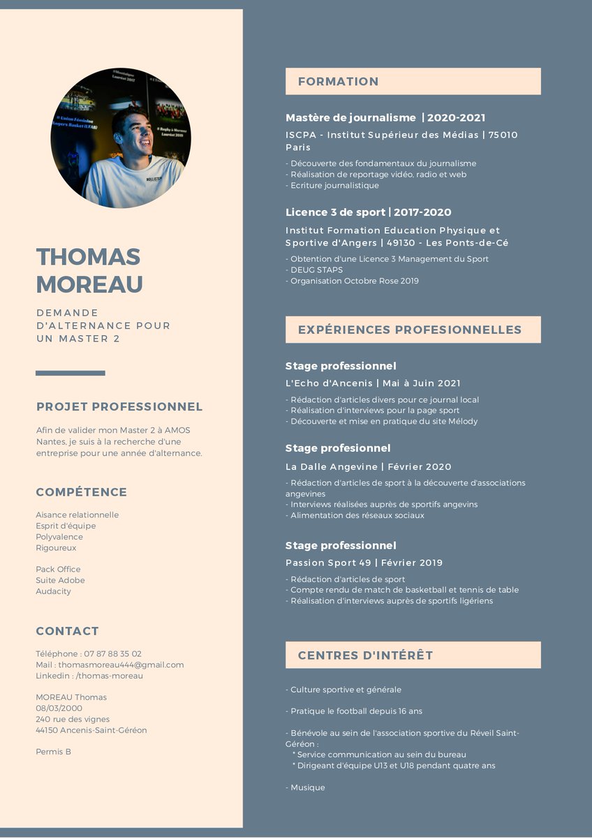 Toma_Moreau's tweet photo. Bonjour Twitter, 

A la rentrée de septembre j'ai le plaisir de débuter un Master 2 au sein de l'école AMOS à Nantes. Cette année se déroule en alternance je suis donc à la recherche de l'entreprise qui me permettras d’allier enseignement théorique et formation pratique. 
1/2 https://t.co/kGrNio8vhc