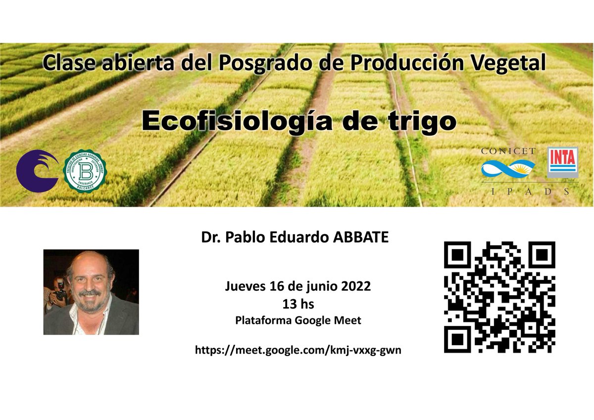 abbate_pablo's tweet photo. Los invito a la clase de posgrado abierta del próximo jueves 16-jun. sobre Ecofisiología de Trigo: 
https://t.co/Tnbfcemuew https://t.co/i9naeJqihD