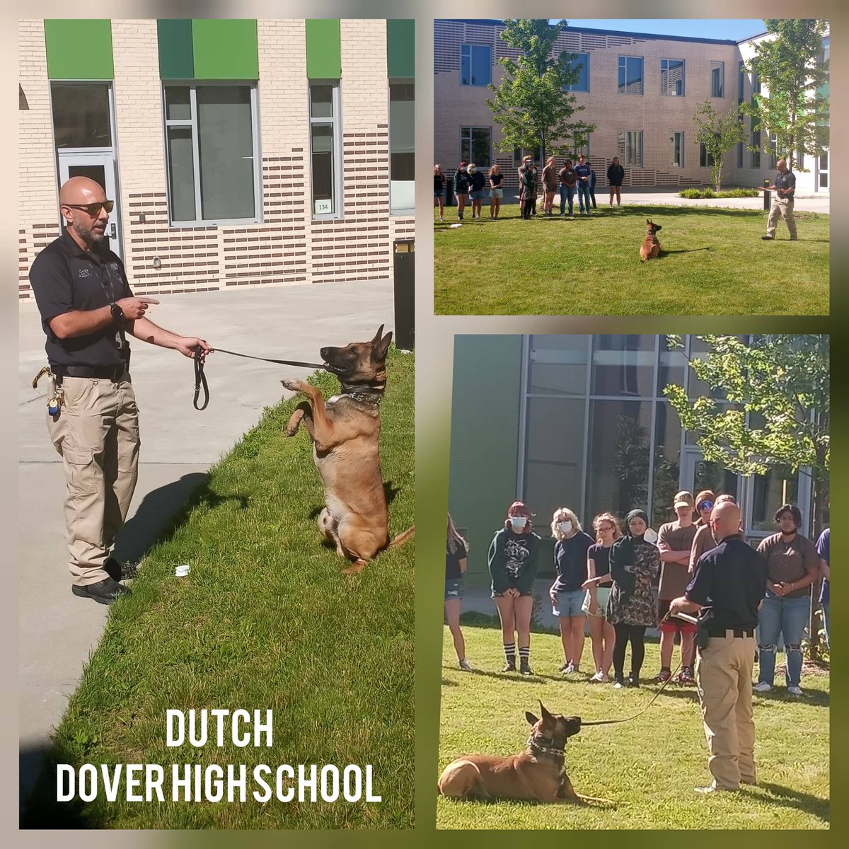 NHDOC's tweet photo. Chief Investigator Azzara, Dutch and Recruiting Sgt. Gorton are spending the morning at Dover HS speaking to 3 classes about all things Corrections! Fun morning, thank you for having us! #NHDOCProud #DoverHighSchool https://t.co/FBKeEQ8wAl
