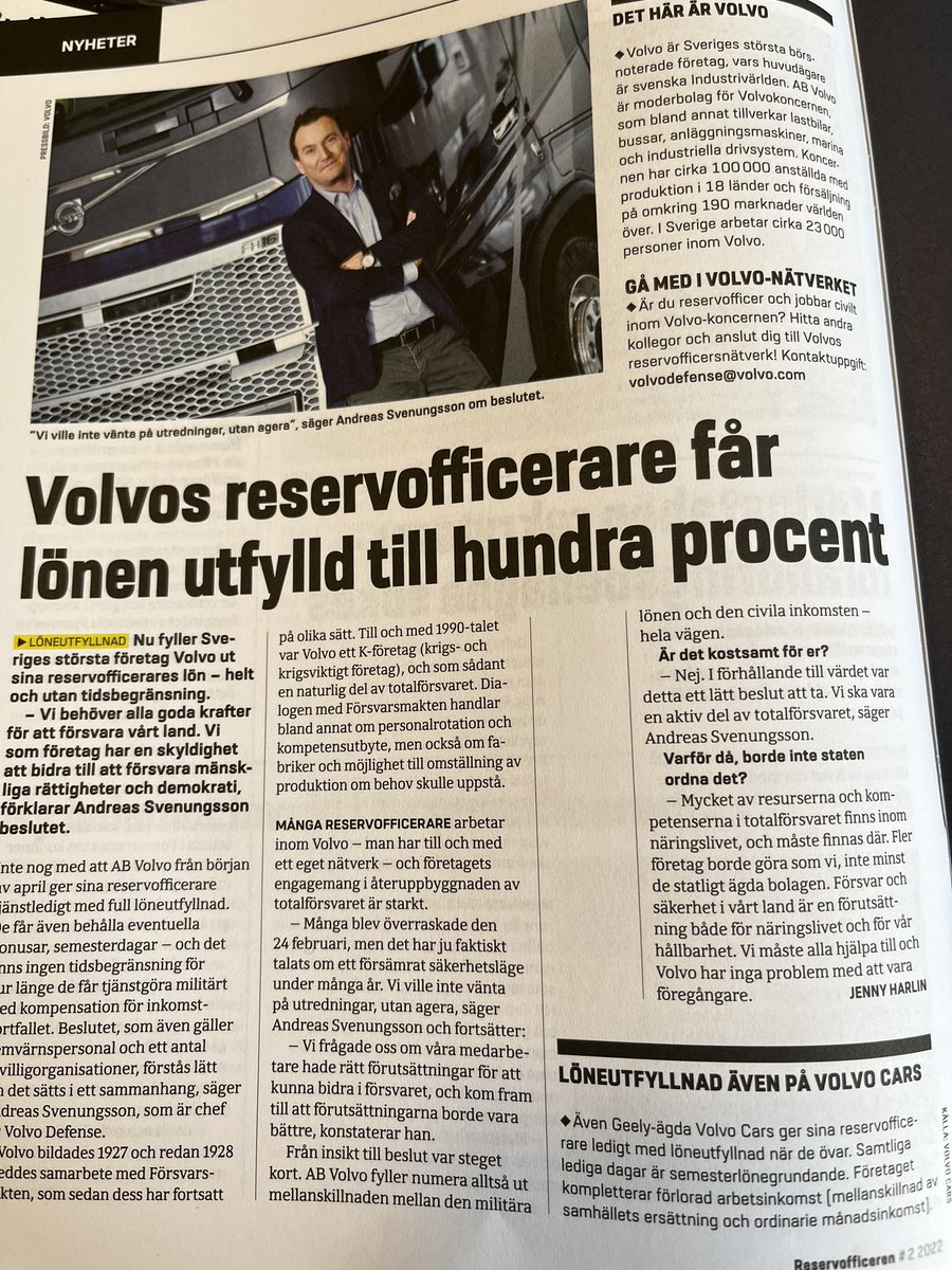 jorgen_berglund's tweet photo. Blir väldigt glad när jag läser senaste @Reservofficeren om Volvo som ger sina reservofficerare löneutfyllnad. Nu måste staten och de statliga bolagen ta efter och gärna fler företag #svfm #föpol #säkpol #svpol https://t.co/YhuY1cBnIa