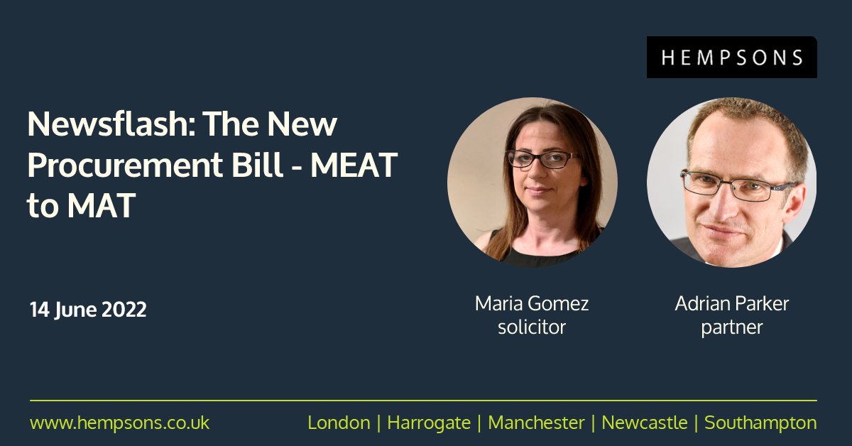 hempsonslegal's tweet photo. Maria Gomez and Adrian Parker, #procurementlaw experts discuss the proposed change from MEAT to MAT in their latest article on the Procurement Bill, click here to read in full https://t.co/qp1MwL73jV https://t.co/rmq3QbP74t