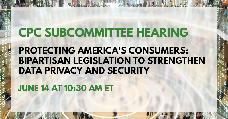 EnergyCommerce's tweet photo. WATCH LIVE: #SubConsumer legislative hearing on the American Data Privacy and Protection Act, bipartisan legislation to hold #BigTech accountable and put Americans back in control of their online data →