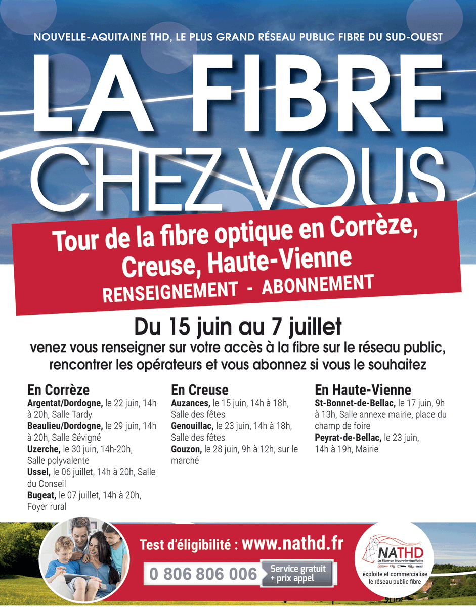 Renseignement, Abonnement - Du 15 juin au 7 juillet NATHD organise un Grand Tour de la Fibre en Corrèze, Creuse et Haute-Vienne avec <a href="/DORSAL_Syndicat/">Syndicat mixte DORSAL</a> les collectivités, <a href="/FibreNouvAquit/">LA FIBRE NOUVELLE-AQUITAINE</a>  et les opérateurs partenaires. On vous attend ! Calendrier, infos➡️
bit.ly/3xKCZbr