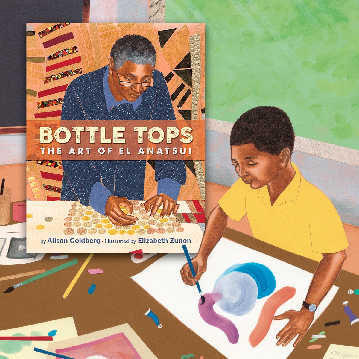 alisongoldberg's tweet photo. BOTTLE TOPS: THE ART OF EL ANATSUI, illustrated by @ElizabethZunon and published by @LEEandLOW  releases today!!✨
https://t.co/KaOoQKGphE https://t.co/rn6mB2eAY5