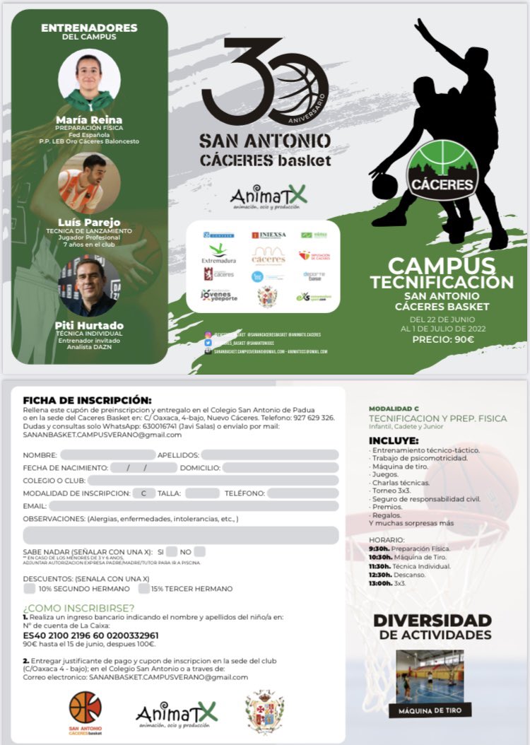 SanAntonioCc's tweet photo. @ResidenciaSACC @Caceres_Basket Las tecnificaciones continuarán con el 30º #CampusSACC @SanAntonioCc desde el próximo 22 de junio, para jugadores en edad infantil, cadete y junior.

✉️ Más información en sananbasket.campusverano@gmail.com.

#Cantera @Caceres_Basket #AnimaTxCáceres https://t.co/3MREz3tAAM