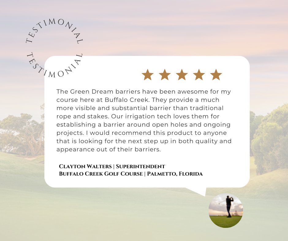 #TestimonialTuesday 🤩 See why Superintendents like Clayton and many other golf professionals prefer Green Dream Barriers over rope and stake! 
👉 greendreamlife.com

#golfis #golfcoursemaintenance #turfpro