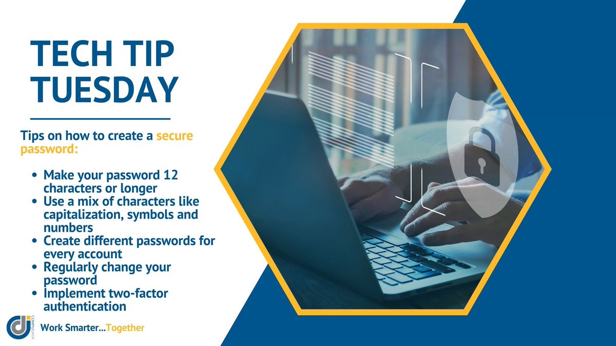 CompuDataInc's tweet image. Did you know that over 80% of data breachers are due to poor password security?
A strong password is essential when it comes to online security and protecting your organization from real-world attacks.
#PasswordSecurity #TechTuesday #CompuData #WorkSmarterTogether