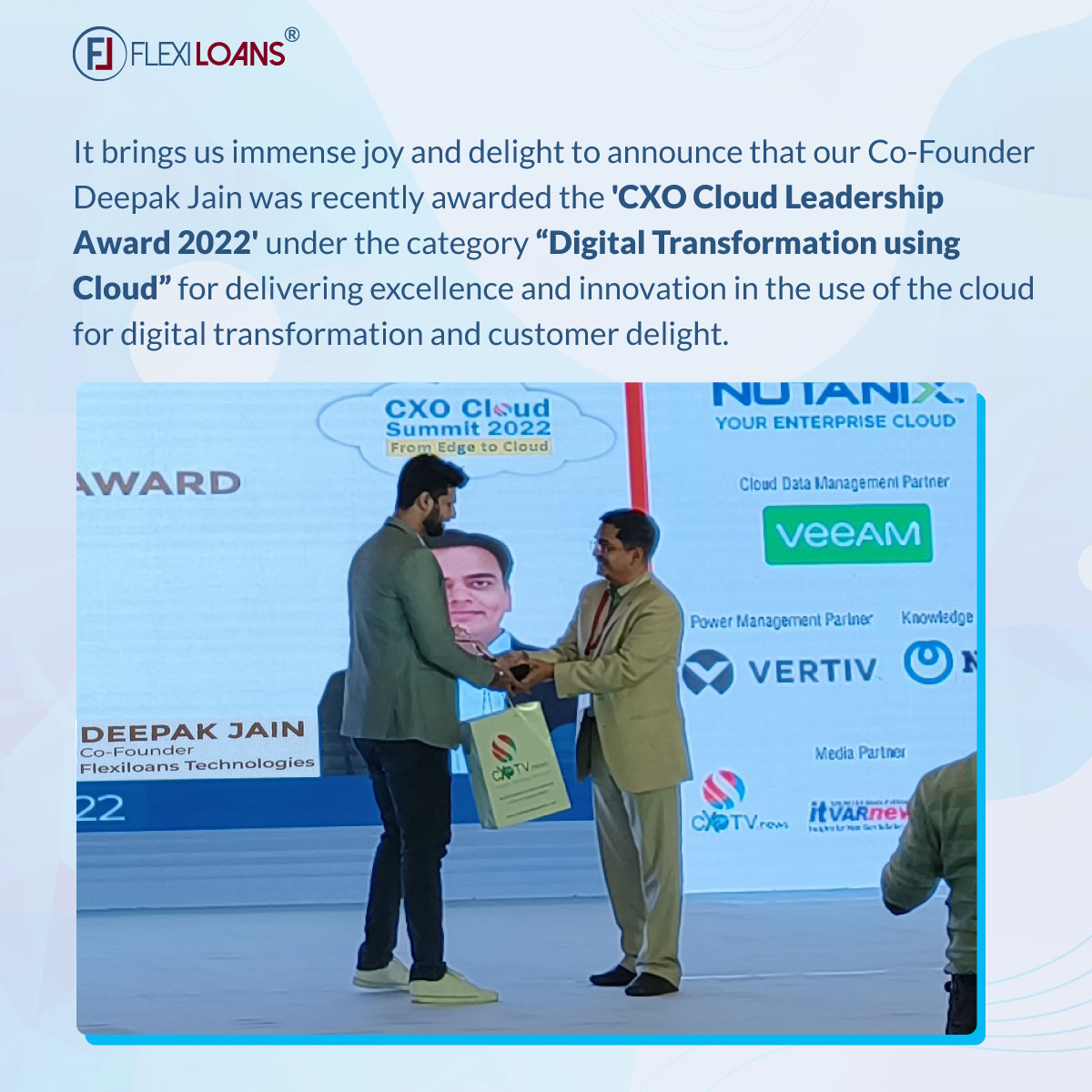 flexiloansin's tweet photo. We're filled with pride to share 
with you another addition to our awards panel! 

Our co-founder, @cajaindeepak was awarded with the 'CXO Cloud Leadership Award' under the category 'Digital Transformation using cloud' at the CXO Cloud Summit 2022 which was held in Mumbai. https://t.co/vNZCnR6Vpg