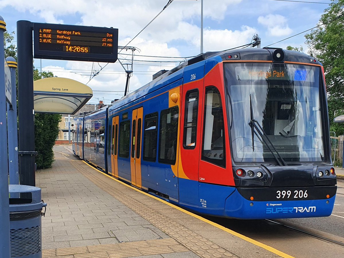 JamesTGlossop's tweet image. Stagecoach Supertram Class 399206 leaving Spring Lane tram stop earlier seen on a Purple Route to Herdings Park. (14/06/2022) #SpringLane #Sheffield #Class399 #StagecoachSupertram #SouthYorkshire @JedKendray @303032_trains @SCSupertram @TravelSYorks