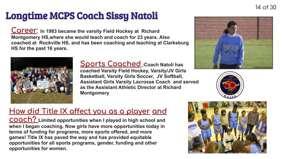 Today’s highlight for our monthlong celebration of the 50th anniversary of Title IX is a profile of Sissy Natoli, longtime MCPS coach. Coach Natoli has been a huge impact on so many female student-athletes! #WeRAISE