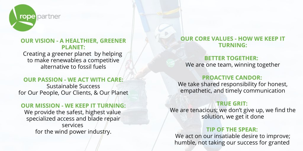 RopePartner's tweet image. What's the Rope Partner Difference?

Our deep commitment to our vision, passion, mission, and values allow us to provide the safest, highest value specialized access and blade repair services for the wind power industry.

ropepartner.com