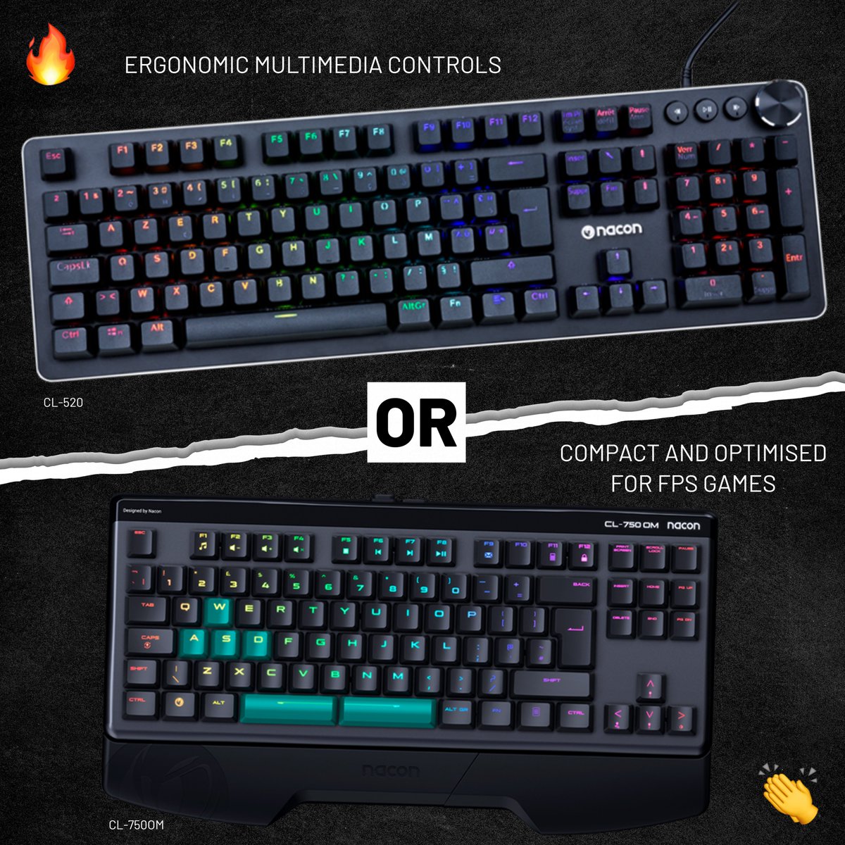 Nacon's tweet photo. Keyboard question: are you more in favour of a full-sized keyboard with multimedia keys (🔥) or a compact model for FPS/TPS and easy gaming (👏) ?

Have a look at our keyboards here 👉 https://t.co/1V9dZCMDx5

#Nacon #GamingKeyboard #GamingSetup #PC #CL750OM #CL520 https://t.co/BDQwW5E5XY