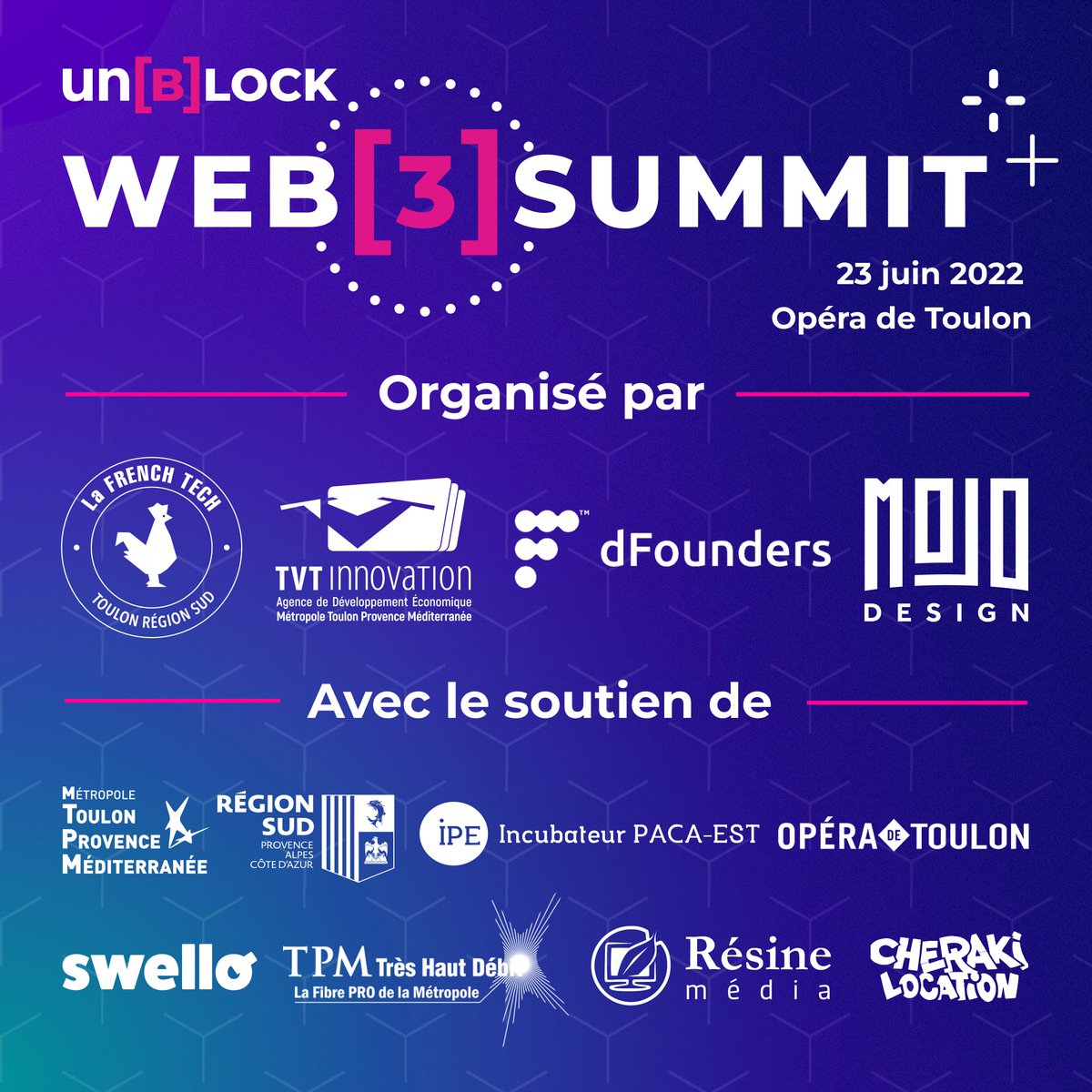 Nous remercions les co-organisateurs de @UnblockDAO sans qui l'événement n'aurait pas vu le jour: dFounders, MojoDesign, <a href="/TVT_Innovation/">TVT Innovation</a> 

Merci à nos partenaires <a href="/metropoleTPM/">Toulon Provence Mediterranée</a>, <a href="/MaRegionSud/">Région Sud</a>, @IncubatPacaEst <a href="/OperadeToulon/">Opéra de Toulon</a>, <a href="/GetSwello/">Swello</a>, <a href="/tpm_thd/">TPM Très Haut Débit</a>, <a href="/ResineMedia83/">RESINE Média</a>, Cheraki Location🙏