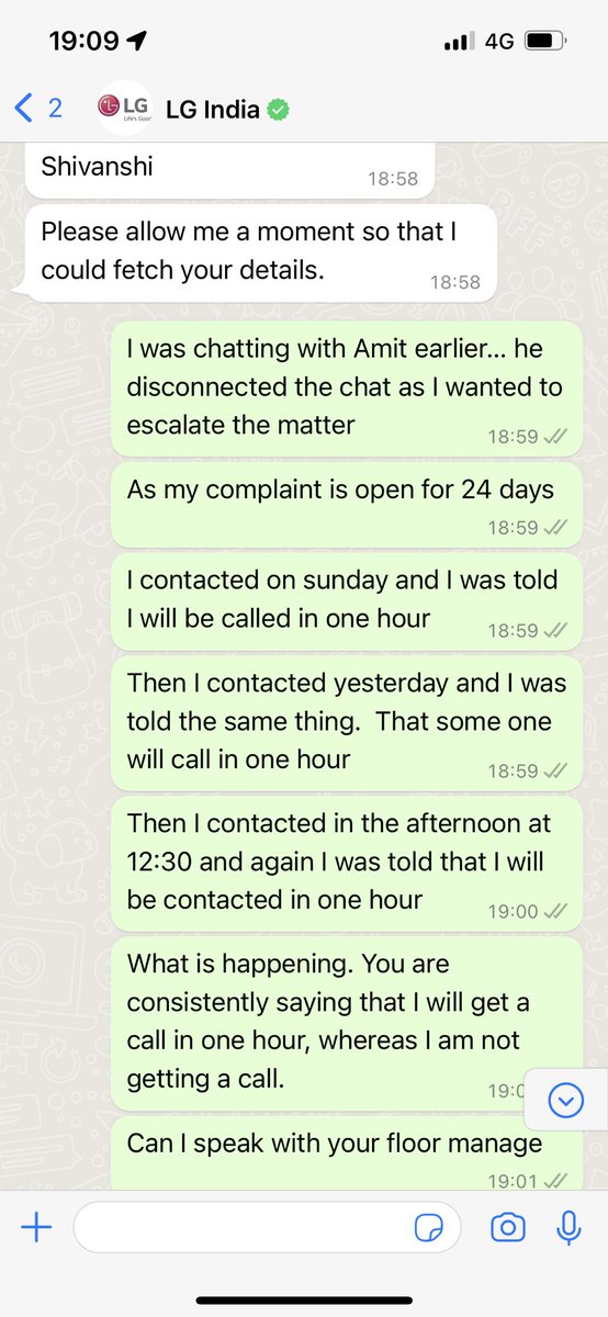 sameeryogi's tweet photo. @LGIndia murder of customer service. Not been able to resolve a complaint in 24 days. Forget about resolving, not even a call from your end. WhatsApp customer service has one simple response. We have escalated and I will receive th call in one hour. https://t.co/fjiSrVErZK