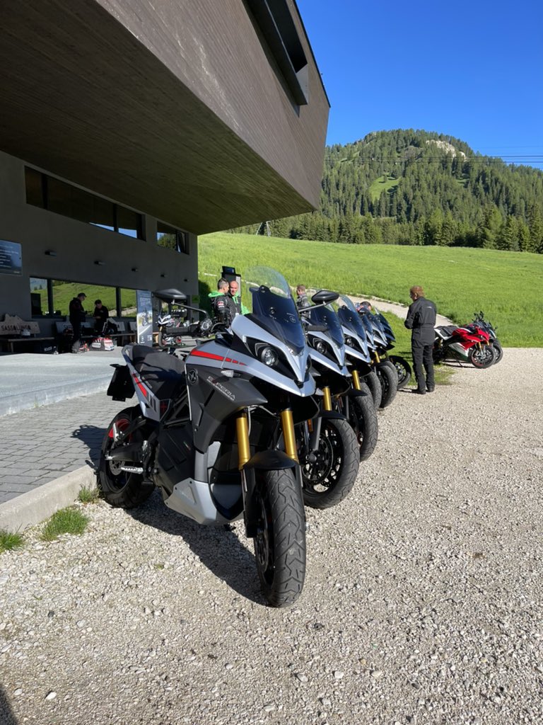Dolomites on <a href="/EnergicaUK/">Energica Motorcycles UK</a> Experia (2022). Superb roads, what a bike to conquer them on.

Range: quoted 260 miles city, 130 miles 'extra urban'. Our 60km ride used 30% of battery.

Recharge: DC fast charge 1 hour (20%-100%), AC up to 8 hours.

Price ~€30,000 (£25,000~) with VAT.