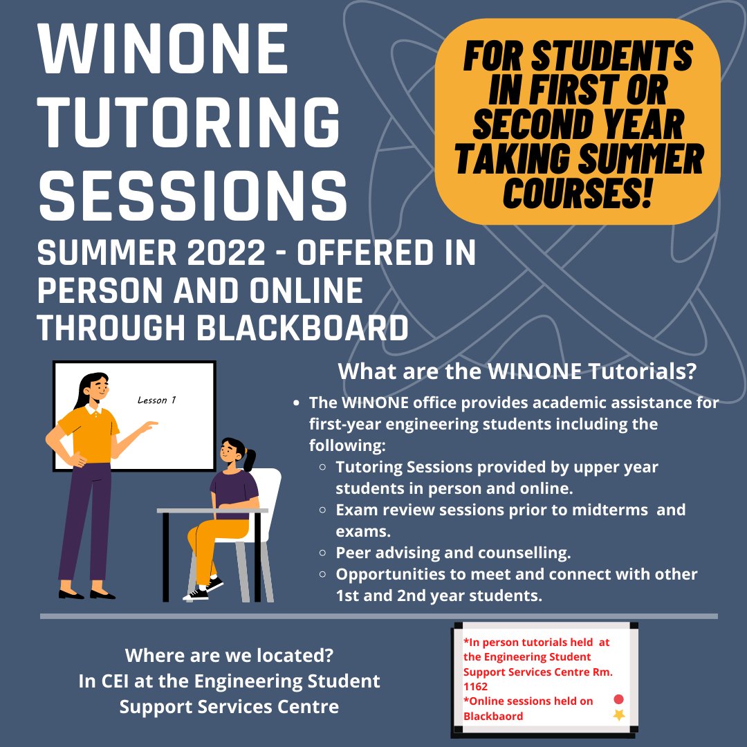 Are you a 1st or 2nd-year #UWindsorENG student taking summer classes and could use help from a senior engineering student tutor? Help is here with WINONE Tutorials. 

More info: bit.ly/3HhpoeY
Check out the poster ⤵️

#WindsorProud #engineering #mentor