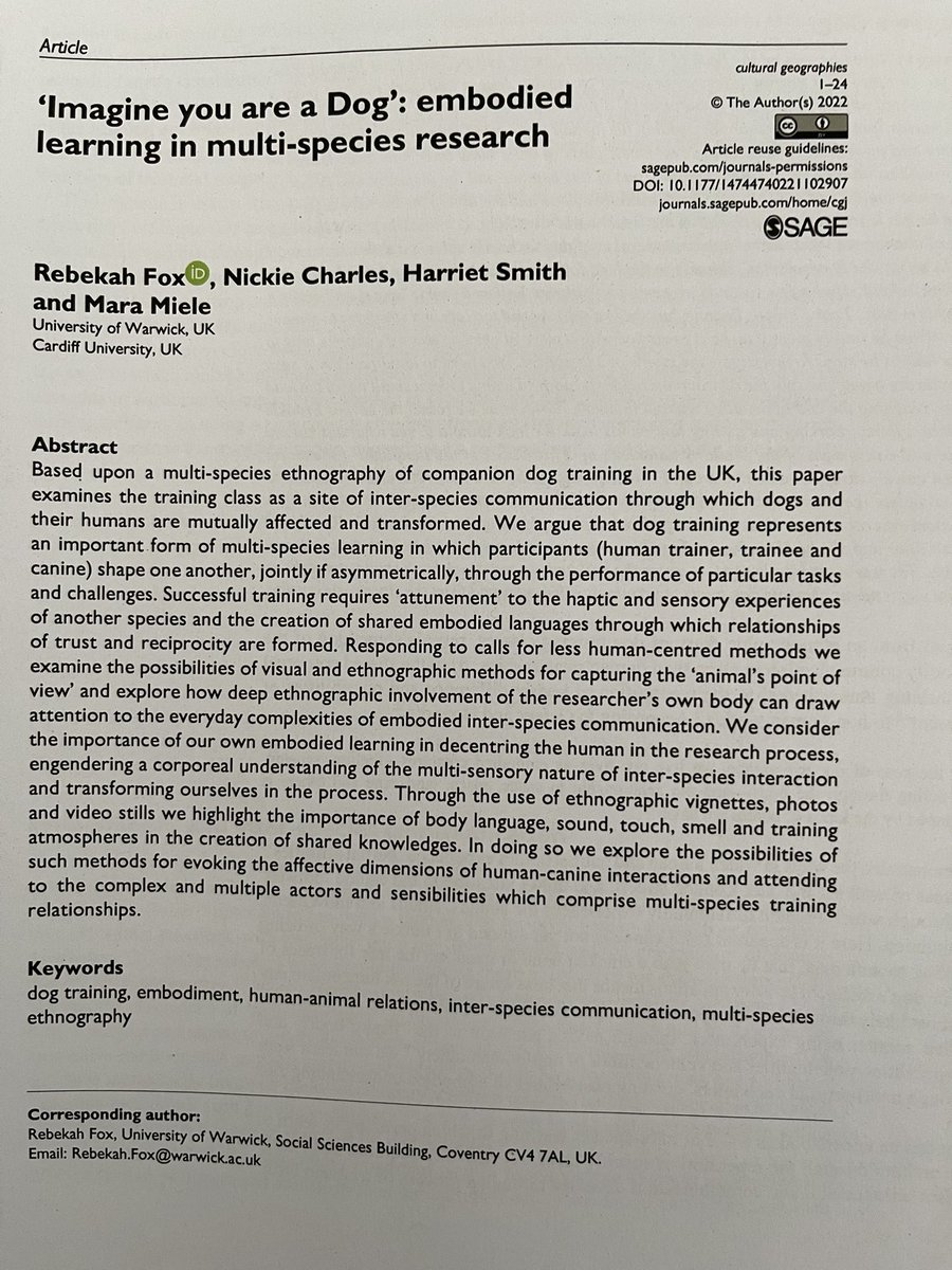 MaraMiele2's tweet photo. Great to see published our paper ‘Imagine you are a dog’: embodied learning in multi-species research. Cultural Geographies first online, open access! https://t.co/629yZ2ZOg5
