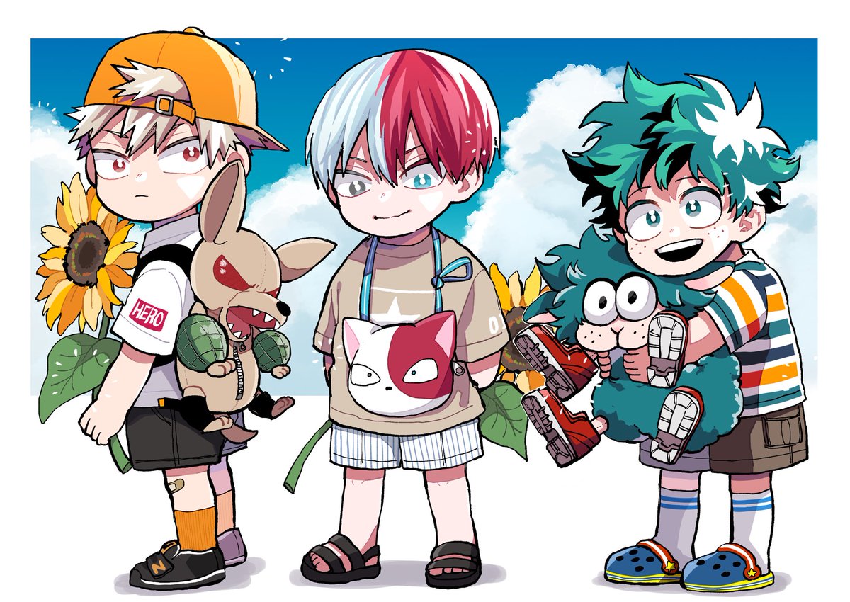 bakugou katsuki ,midoriya izuku ,todoroki shouto freckles split-color hair burn scar male focus green hair shorts red hair  illustration images