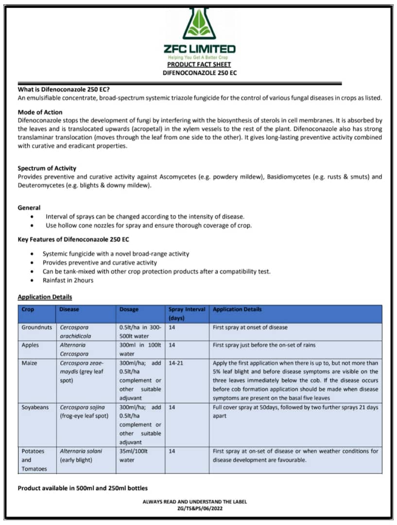 Difenoconazole 250 EC provides preventive and curative activity against Ascomycetes (e.g. powdery mildew), Basidiomycetes (e.g. rusts &amp; smuts) and Deuteromycetes (e.g. blights &amp; downy mildew). Get yours today from any ZFC outlet.
#HelpingYouGetaBetterCrop