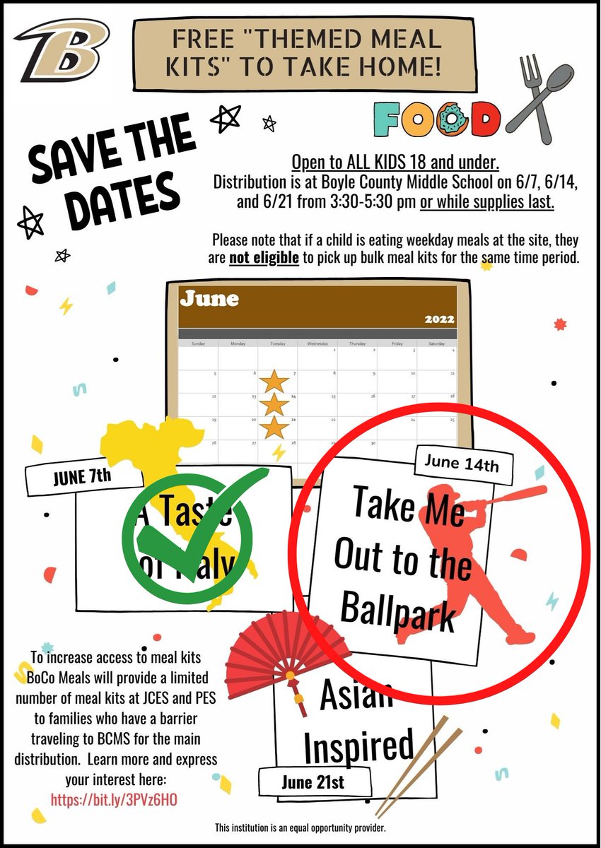 Bulk distribution is TODAY and June 21 from 3:30-5:30 PM at BCMS. This week's theme is Take Me Out to the Ballpark!

With the Boyle County Fair in town, you'll have to access BCMS from Cunningham Way. 

We look forward to serving you!