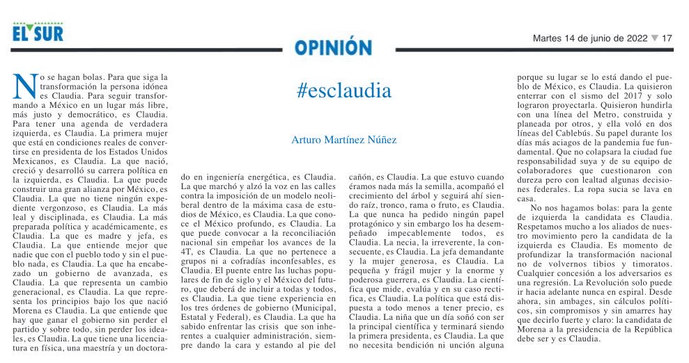 “No se hagan bolas, la candidata de la izquierda es ⁦<a href="/Claudiashein/">Claudia Sheinbaum Pardo</a>⁩ ”, escribe hoy ⁦<a href="/AMartineznunez/">Arturo Martínez Núñez</a>⁩ en ⁦<a href="/elsurdeguerrero/">El Sur periódico de Guerrero</a>⁩