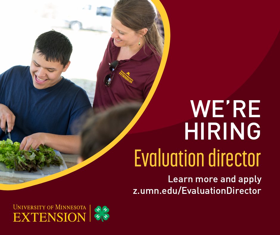 We're looking to hire an evaluation director! This person will work to build the capacity of our educators by integrating evaluation into the culture and practice of <a href="/MN4H/">Minnesota 4-H Youth Development</a> programs and youth worker trainings.

Learn more and apply ➡️ z.umn.edu/EvaluationDire…