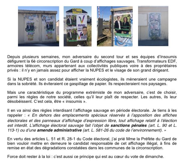 Aurélien Colson (@acolson_) on Twitter photo La #NUPES, c’est possible de faire campagne sans défigurer la 6e circo du Gard à coup d’affichage sauvage ?
La sobriété écolo, ça vous parle ? Et respecter la loi sur l’affichage électoral (cc <a href="/Prefet30/">Préfet du Gard</a>) ?
Mais non : il vous faut partout afficher le visage du Grand Dirigeant 🤪 La #NUPES, c’est possible de faire campagne sans défigurer la 6e circo du Gard à coup d’affichage sauvage ?
La sobriété écolo, ça vous parle ? Et respecter la loi sur l’affichage électoral (cc <a href="/Prefet30/">Préfet du Gard</a>) ?
Mais non : il vous faut partout afficher le visage du Grand Dirigeant 🤪