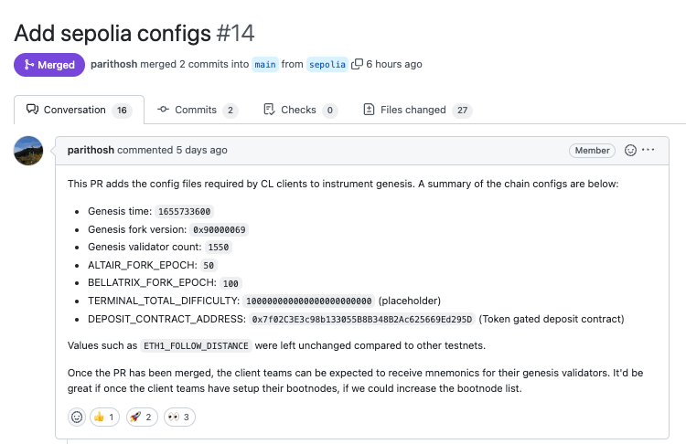 terencechain's tweet photo. Sepolia testnet config is out! 
Genesis time: Mon Jun 20 2022 14:00:00 GMT
Expect client releases 🔜 See everyone there👋 https://t.co/q3T4XzHE0t