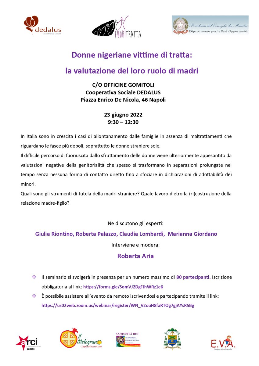 Seminario “Donne nigeriane vittime di tratta: la valutazione del loro ruolo di madri” – Napoli, 23 giugno 2022 #tratta #genitorialità #seminario
 osservatoriointerventitratta.it/seminario-donn…