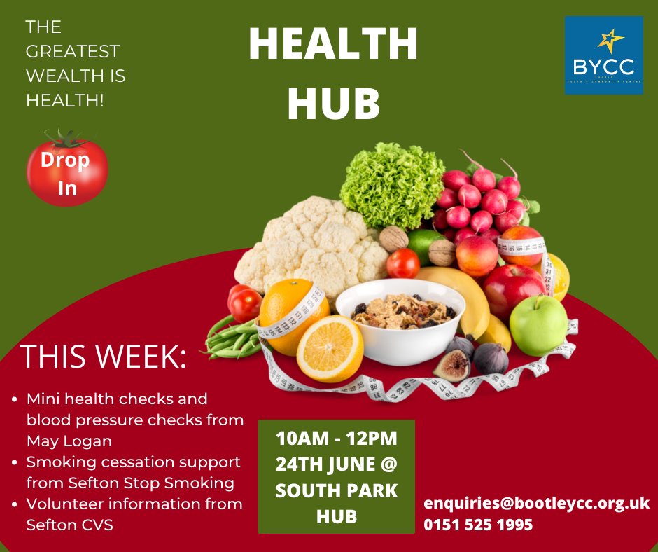 🥗 #HEALTHHUB 🥗 24/6/22 10am-12pm @ South Park Hub, opp. play area in South Park. 🚬 #SeftonStopSmoking - Supportive, advisory& signposting services. 📝 #SeftonCVS - Volunteer advice & support. 🩺 May Logan - FREE mini health & blood pressure checks. #Community #healthiswealth