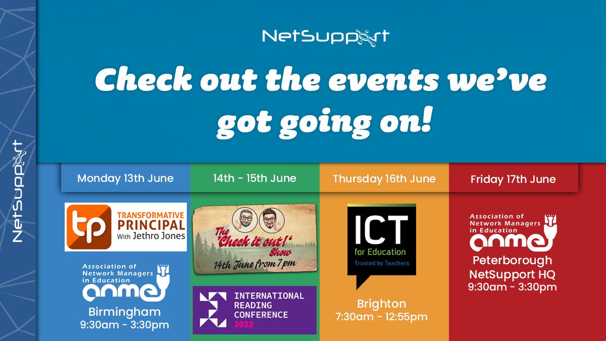NetSupportGroup's tweet photo. Buckle up, we’ve got some events to get to! This week, we’ll be #exhibiting at @ICTforEducation, @TheANME #WM13 and hosting The ANME’s #EM10 meeting too! If that wasn’t enough, this month’s edition of the #CheckItOutShow is due too! Phew! Learn more here https://t.co/7MAoLjhJgv https://t.co/3nSFQHsflY