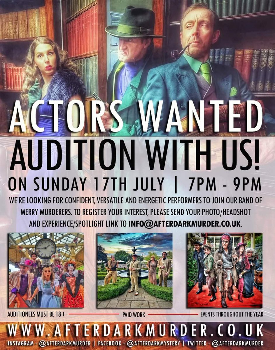 afterdarkmurder's tweet image. 𝐀𝐮𝐝𝐢𝐭𝐢𝐨𝐧𝐬 𝐀𝐯𝐚𝐢𝐥𝐚𝐛𝐥𝐞 𝐢𝐧 𝐋𝐚𝐧𝐜𝐚𝐬𝐭𝐞𝐫!

It's time to swing our doors open, hold out our murderous arms and welcome you to audition with us! To register your interest, please send your headshot &amp;amp; experience/Spotlight link to
info@afterdarkmurder.co.uk 🙌