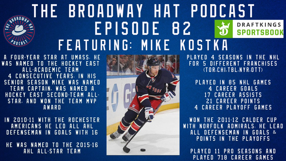 Broadwayhatpod's tweet image. 🚨New Episode🚨
The Rangers dream season unfortunately came to an end. Former Ranger &amp;amp; @UMassHockey defenseman @Kostka85 joins the show. He shares some great stories from his career.
Episode Link⬇️
apple.co/3tAGChK
#NYR #NoQuitInNY #leafsforever #GoBolts #Blackhawks #NHL