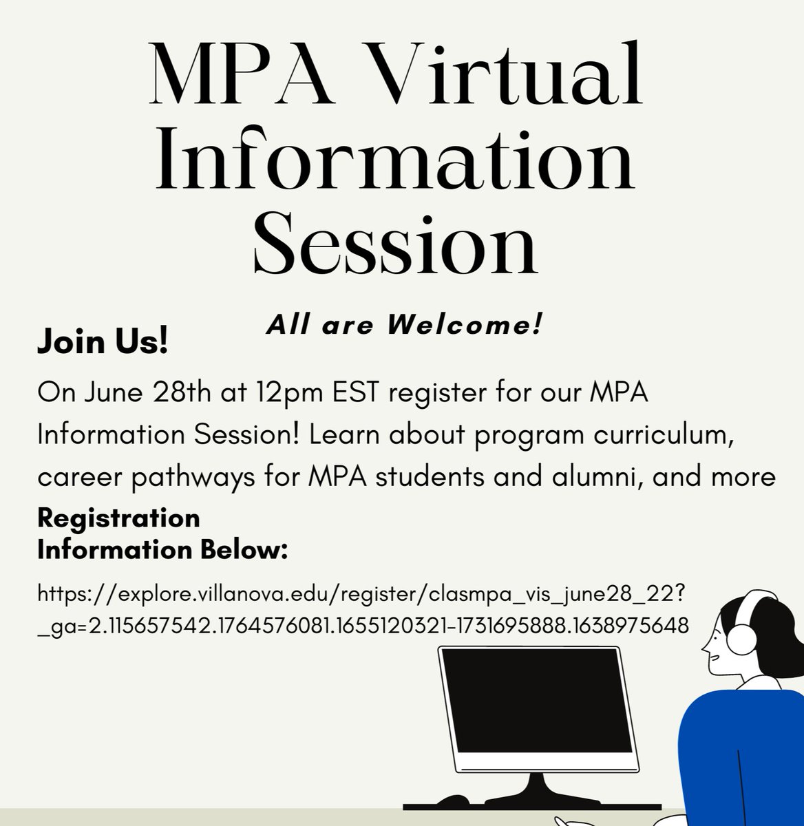 VU_PADepartment's tweet photo. Join us on June 28th at 12pm EST for our MPA Information Session! Learn about program curriculum, career pathways for MPA students and alumni, and more. Register now: https://t.co/9jQcNmAlRX #VillanovaMPA #MPAYourWay https://t.co/hHeeXUguV2