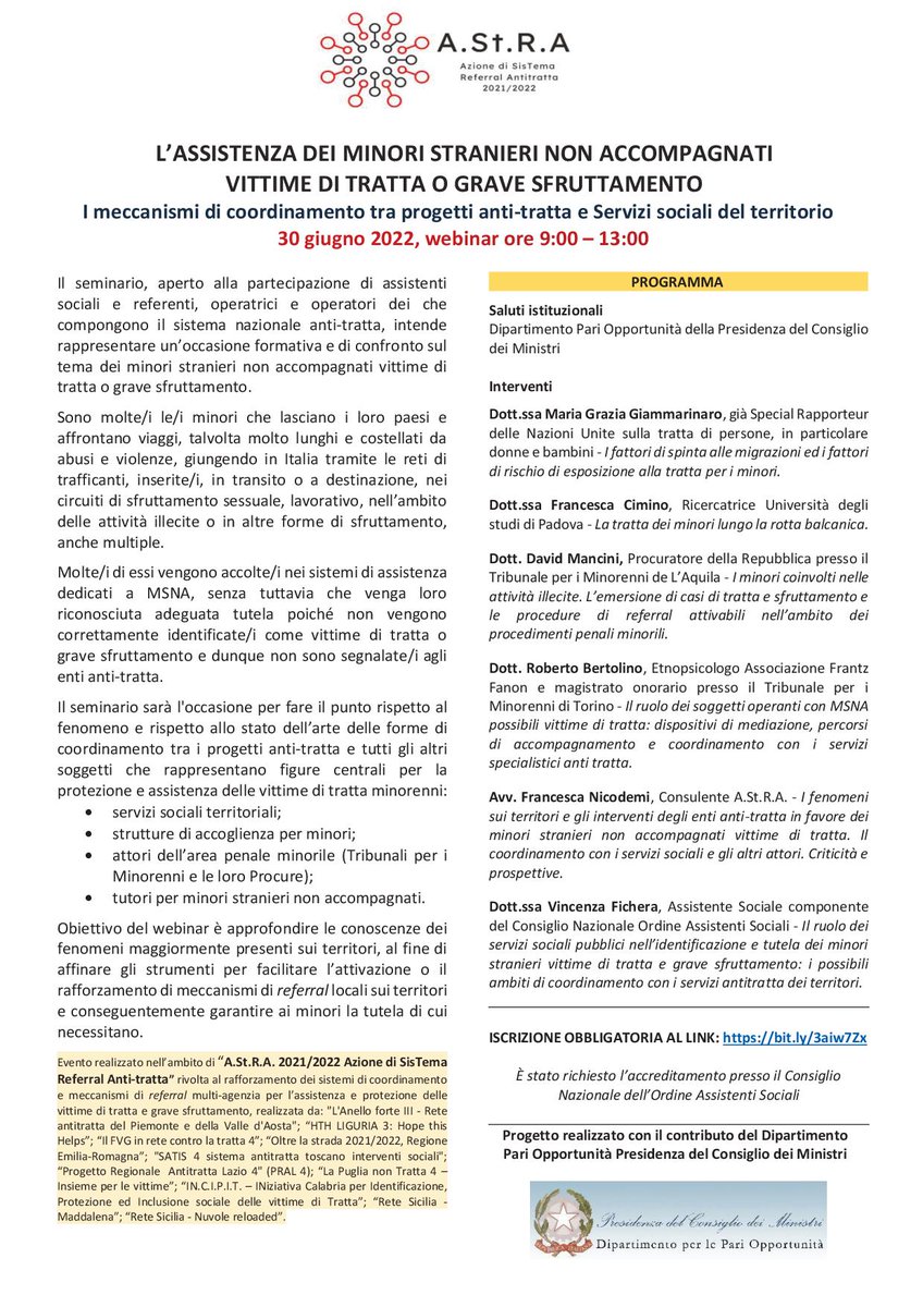 Seminario “L’assistenza dei minori stranieri non accompagnati vittime di tratta o grave sfruttamento” – 30 giugno 2022 #minori #tratta #ASTRA #seminario 
osservatoriointerventitratta.it/seminario-lass…