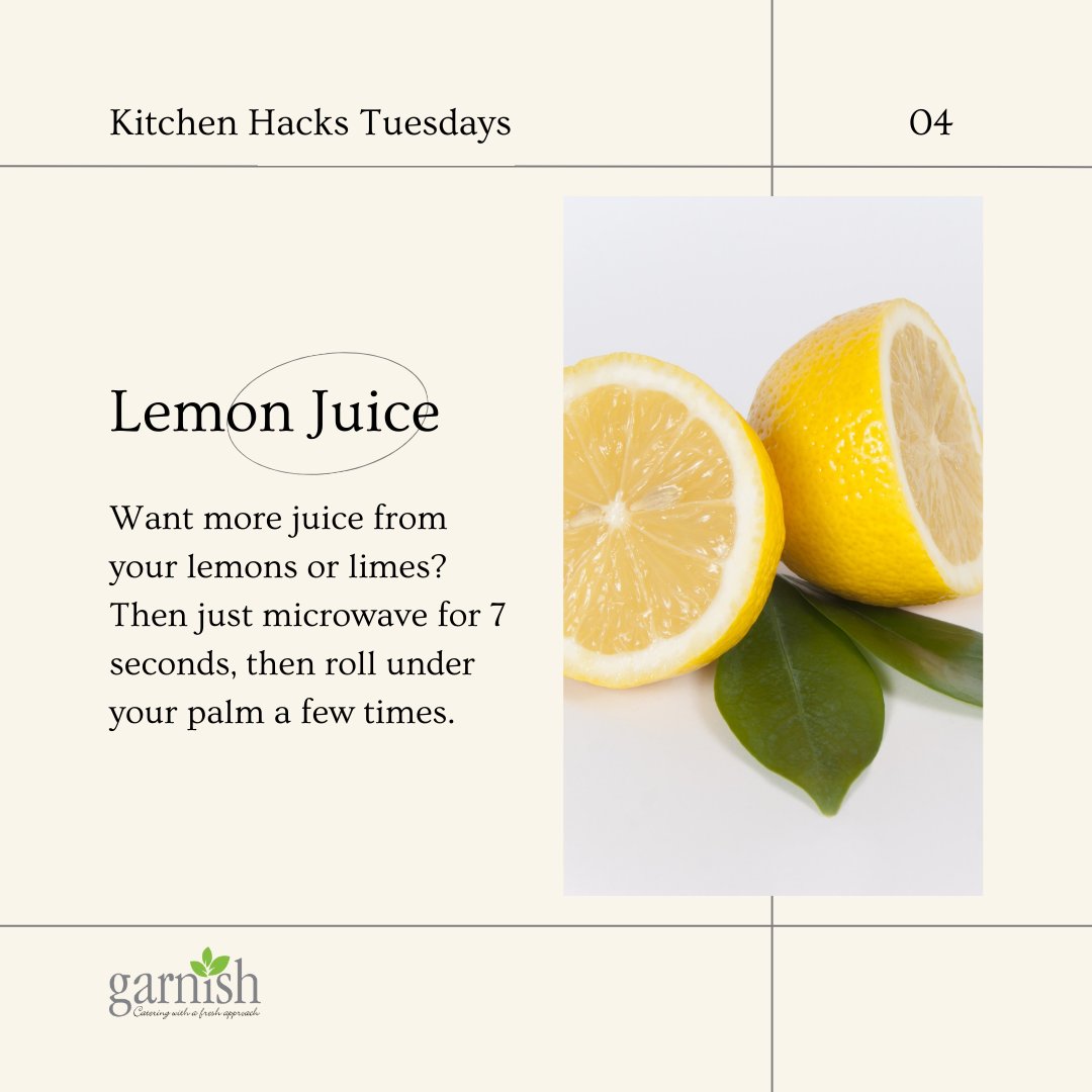 Did you know there are about 2-3 tablespoons of juice in a lemon? So to get the most out your lemon or lime use this kitchen hack!

#garnishcatering #foodcatering #smallbusinesses #foodie #lemon #lime #lemonjuice #juicer #kitchenhacks #cookingmadesimple #fruits #vitaminc